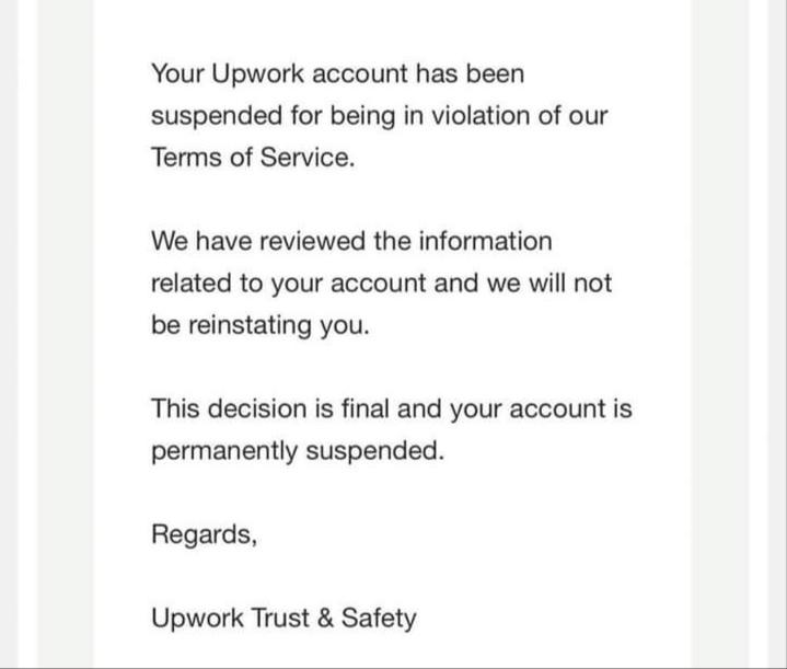 Upwork account suspension - email